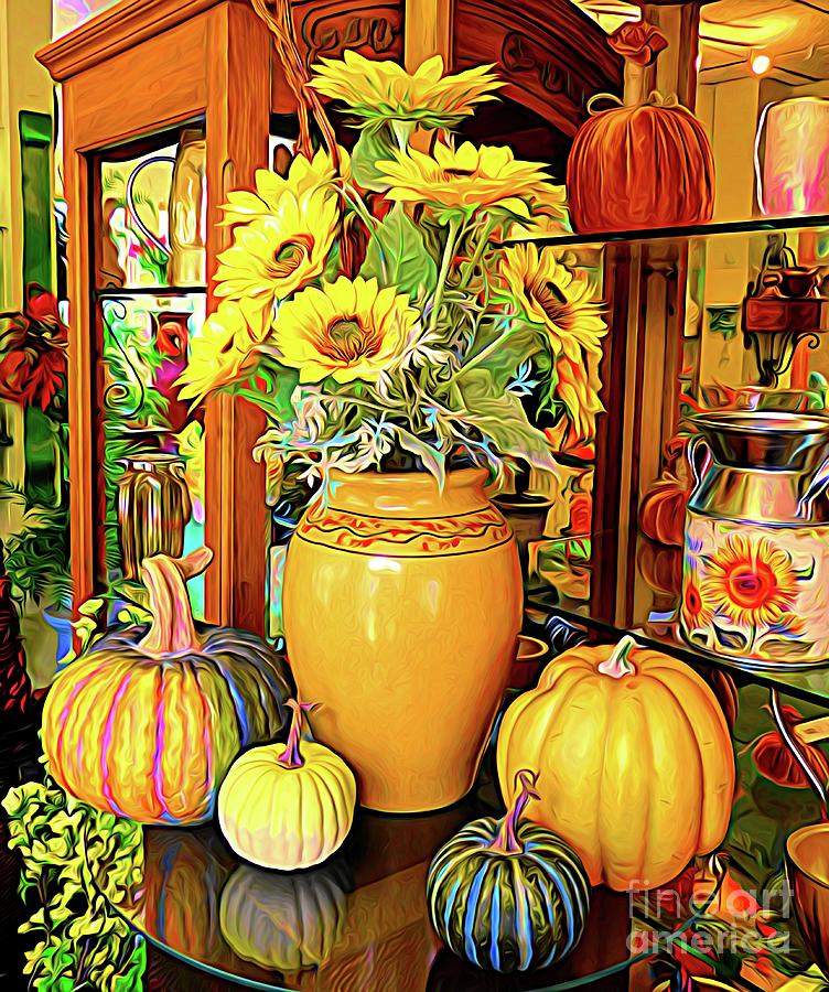 Sunflowers In Vase With Pumpkins Abstract Expressionism Effect Photograph