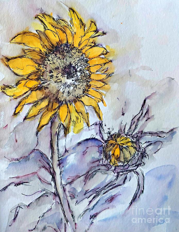 Sunflowers in watercolor and ink 01 Painting by Amalia Suruceanu
