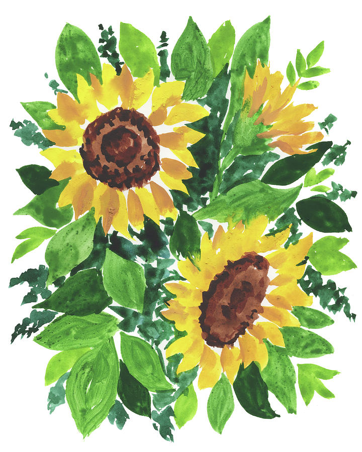 Sunflowers Morning Glow Impressionistic Watercolor Painting