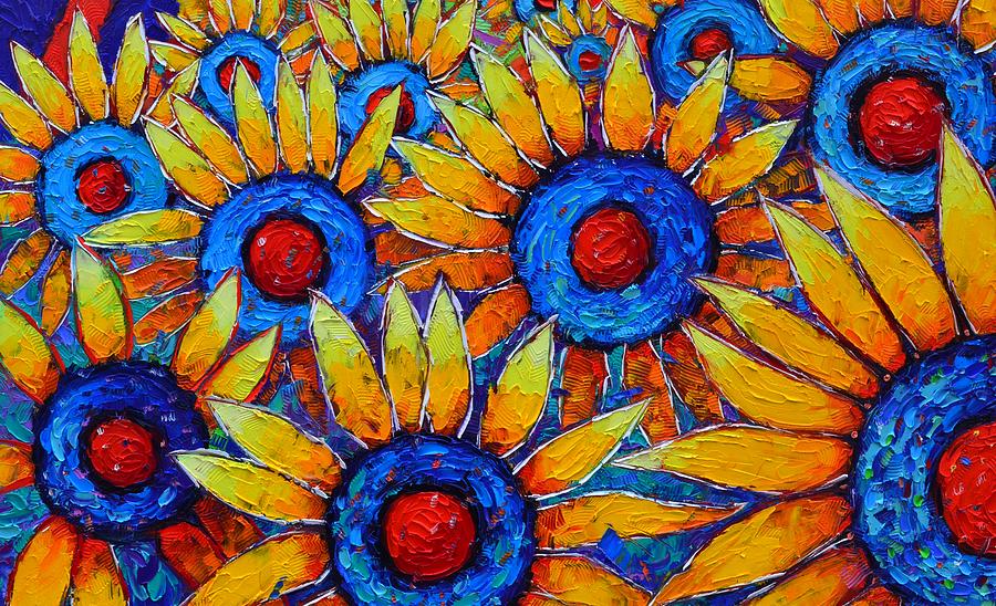 SUNFLOWERS OF HAPPINESS colorful textural impasto palette knife oil painting by Ana Maria Edulescu Painting by Ana Maria Edulescu