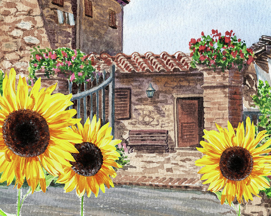 Sunflowers Of Tuscany Italy Vintage Town House In The Hills Watercolor  Painting by Irina Sztukowski