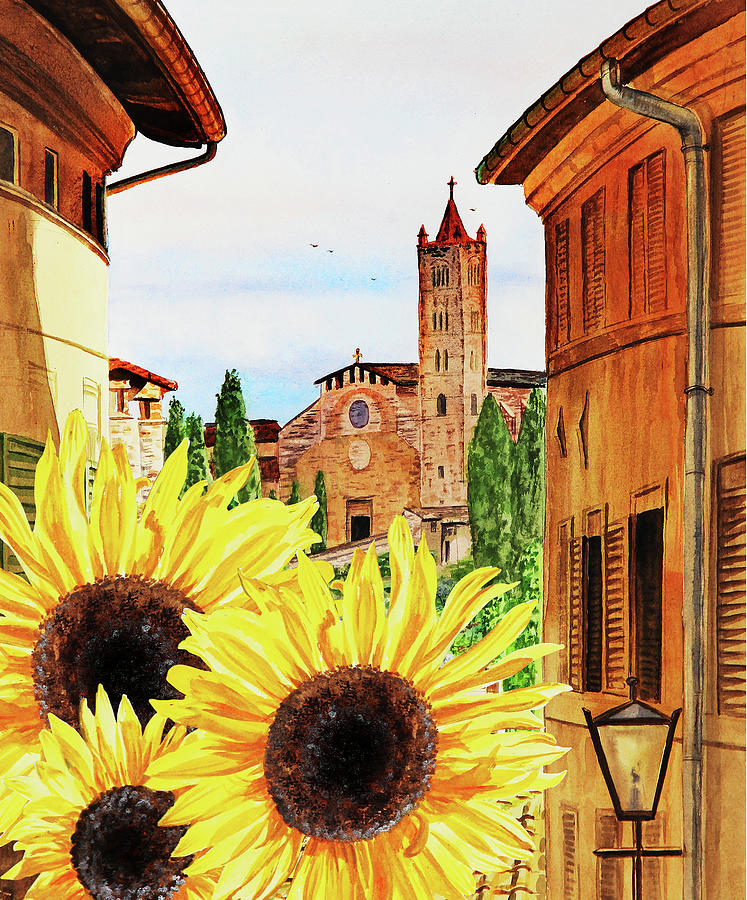 Sunflowers Of Tuscany Siena Italy Watercolor  Painting by Irina Sztukowski