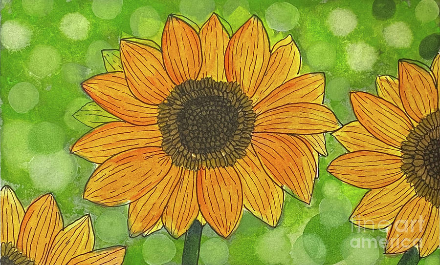Sunflowers on Green Mixed Media by Lisa Neuman
