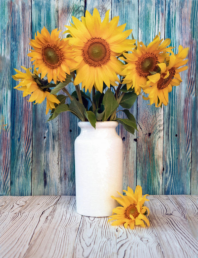 Sunflowers With Old Barn Wood  Digital Painting Mixed Media by Sandi OReilly