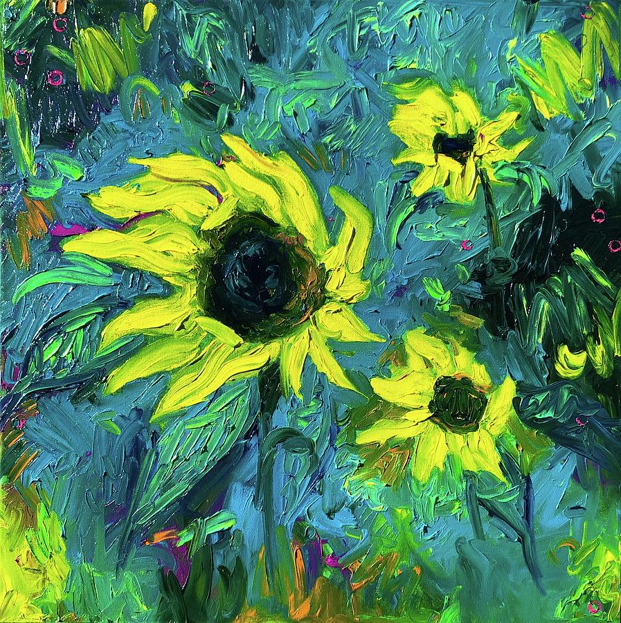 Sunflowers on teal Painting by Chiara Magni