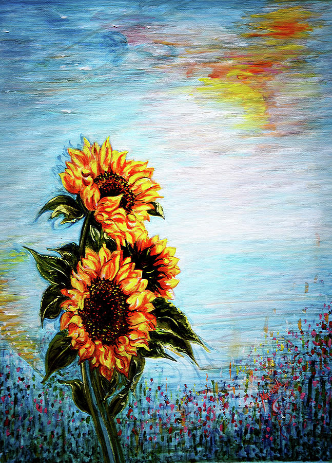 Sunflower Painting - Sunflowers - Where Ocean meets the Sky by Harsh Malik
