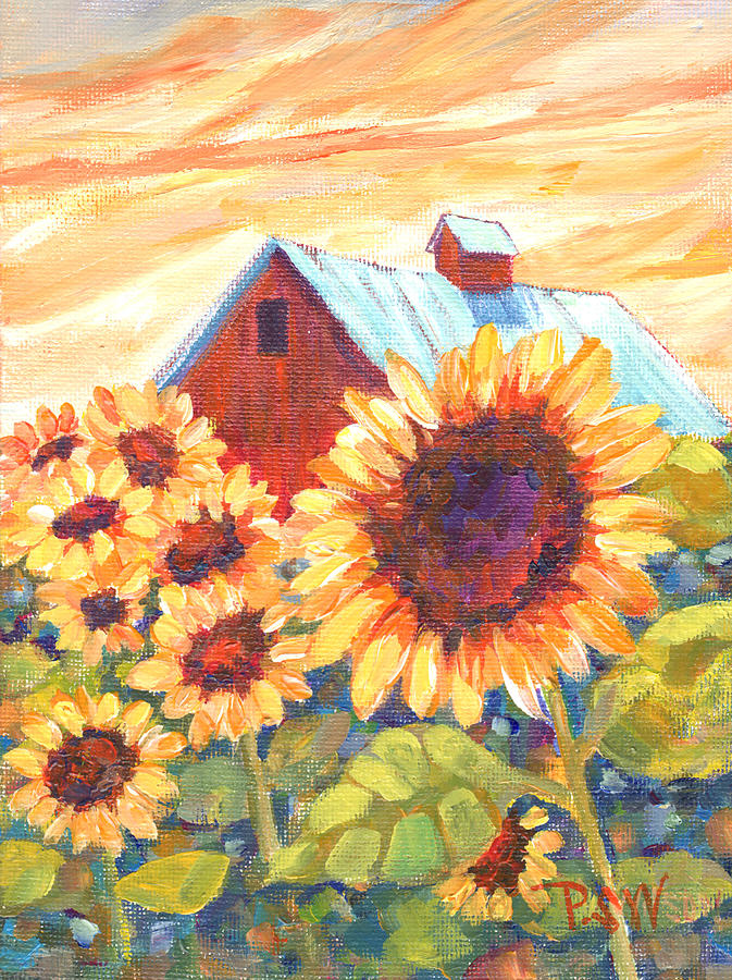 Sunflowers with Barn Painting by Peggy Wilson