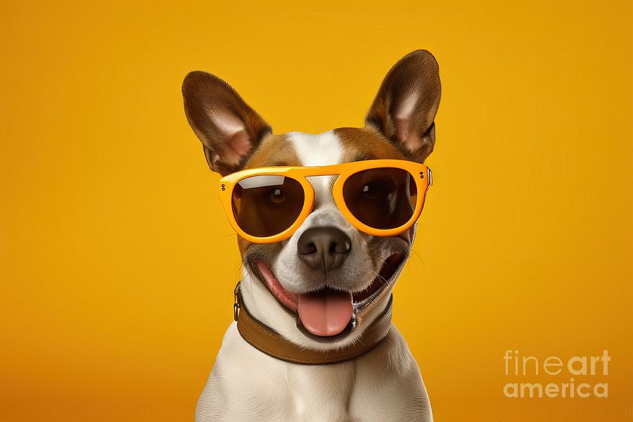 Goggle Painting -  Sunglasses Funny Isolated Background Smile Pet Humor Portrait Cute Dog Animal Sunglasses Small White Concept Happy Studio Pink Stylish Goggles Trendy Copy Space Domestic Canino Student Purebred by N Akkash