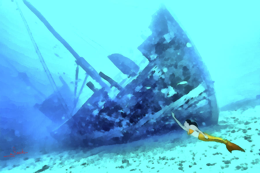 Sunk ship and mermaid 2 Painting by George Rossidis