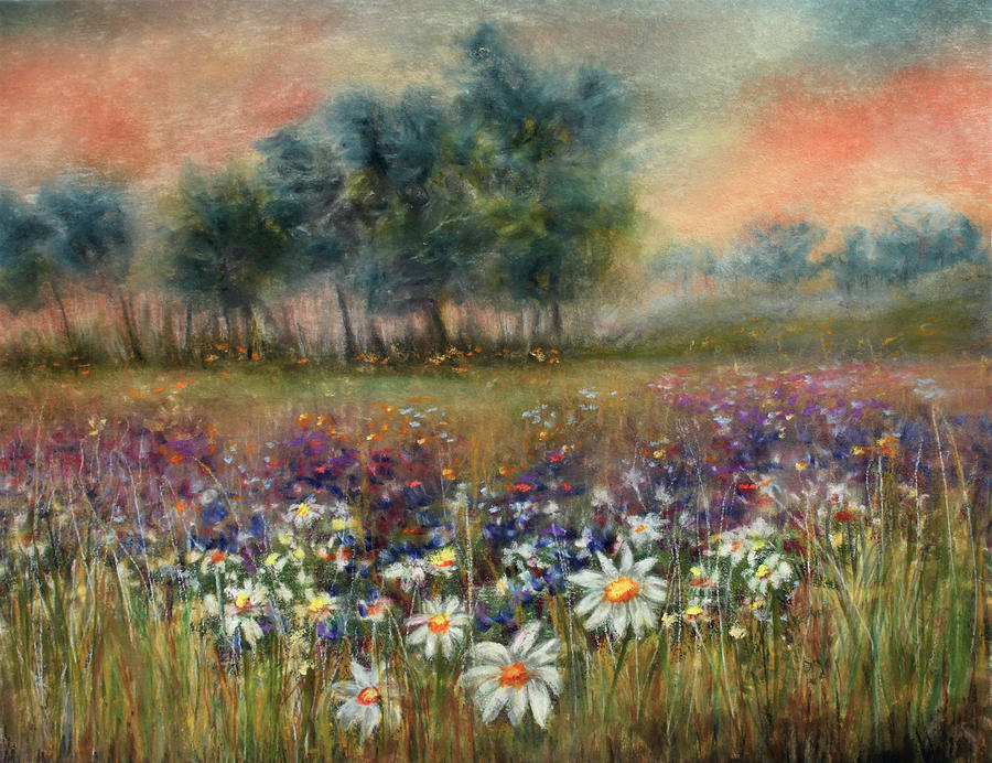 Sunkissed Flower Meadow Pastel By Linda Woodward