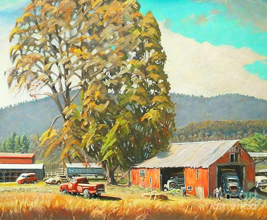 Abstract Painting - Sunlight at the Sonoma Valley Painting sonoma tree winery california barn vinyard abstract acrylic art artistic artwork autumn background beautiful blue bright brown brush canvas color colorful by N Akkash