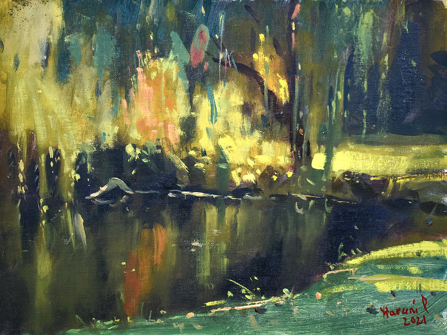 Tree Painting - Sunlight by the Pond by Ylli Haruni