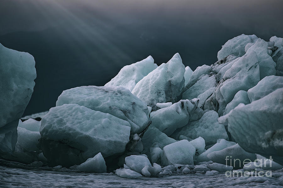 Sunlight highlights blue icebergs in the Jokulsarlon glacial lagoon, Southern Iceland. Part of the Vatnajokull National Park. Black layers are trapped volcanic ash. Photograph by Jane Rix