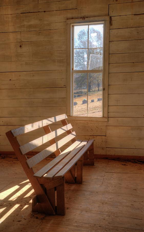 Sunlight on Bench in Primitive Church Randolph County Arkansas Photograph by Douglas Barnett