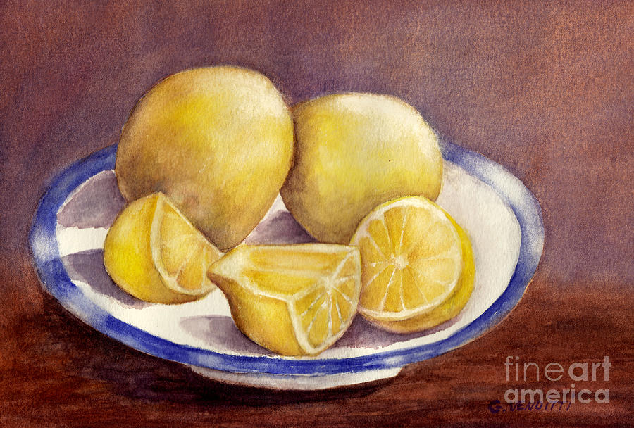 Sunlight On  Blue Plate Of Lemons With Cut Wedges Kitchen Still Life Painting Grace Venditti Artist  Painting by Grace Venditti