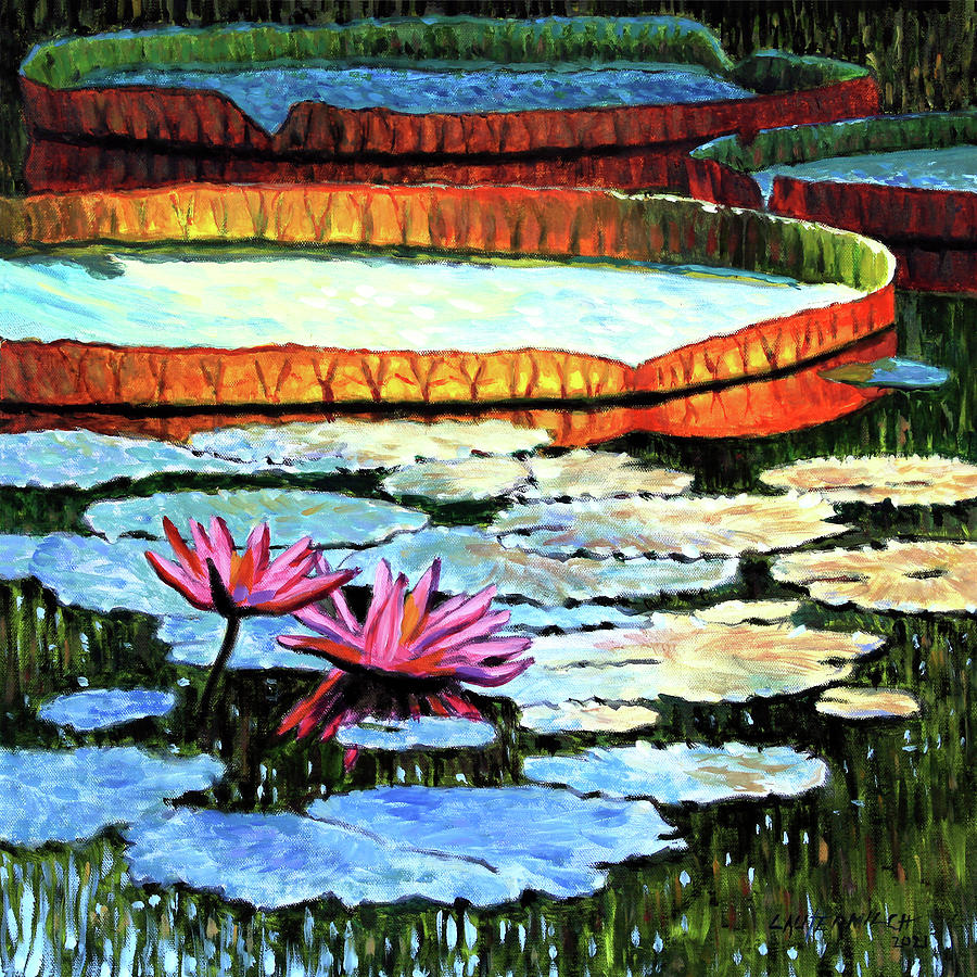 Sunlight On Lily Pad Painting by John Lautermilch