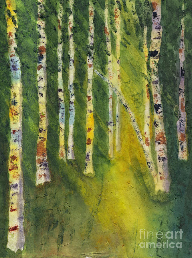 Sunlit Birches Watercolor Batik Painting by Conni Schaftenaar
