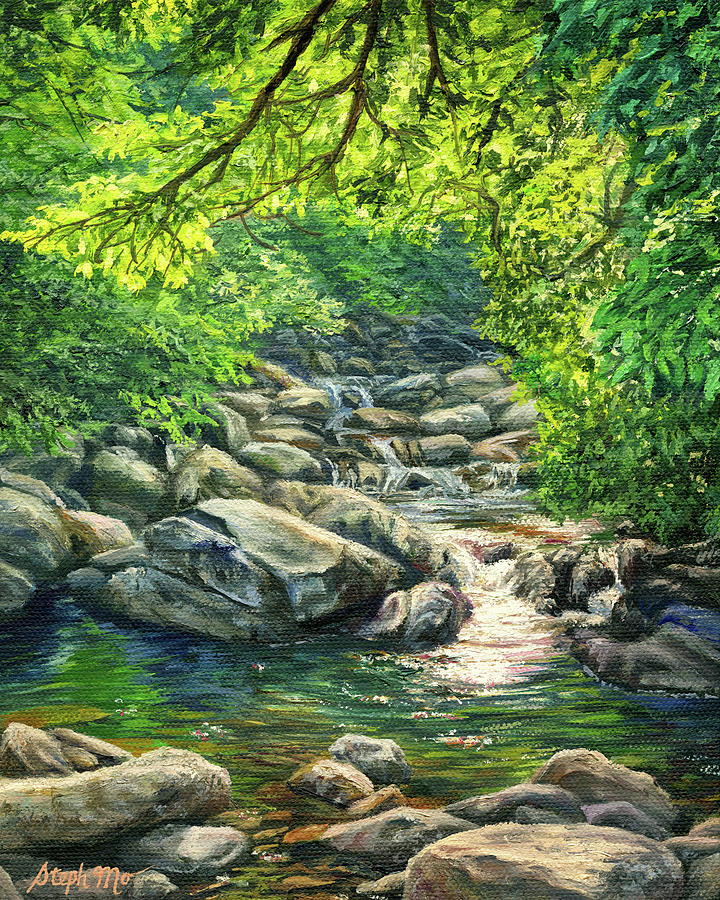 Nature Painting - Sunlit Forest Creek by Steph Moraca
