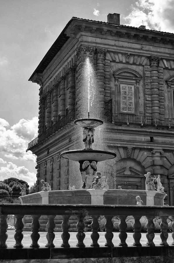 Sunlit Pitti Palace Fountain Black and White Photograph by Shawn OBrien