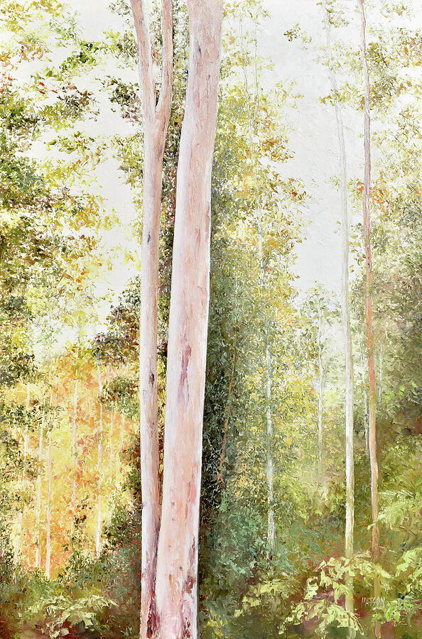 Sunlit trees in the blue gum forest Painting by Jan Matson Sunlit trees in the blue gum forest Painting by Jan Matson