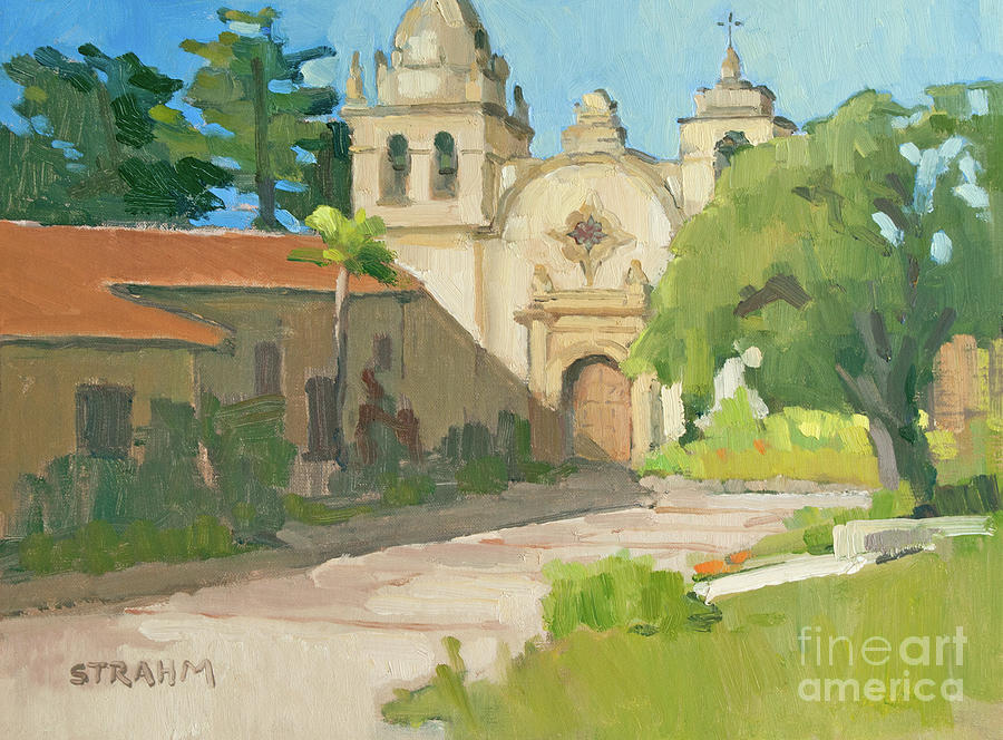 Sunny Day at the Carmel Mission Basilica Carmel California Painting by Paul Strahm