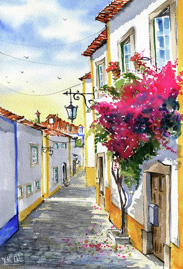 Sunny Day In Obidos Portugal Painting  Painting by Dora Hathazi Mendes