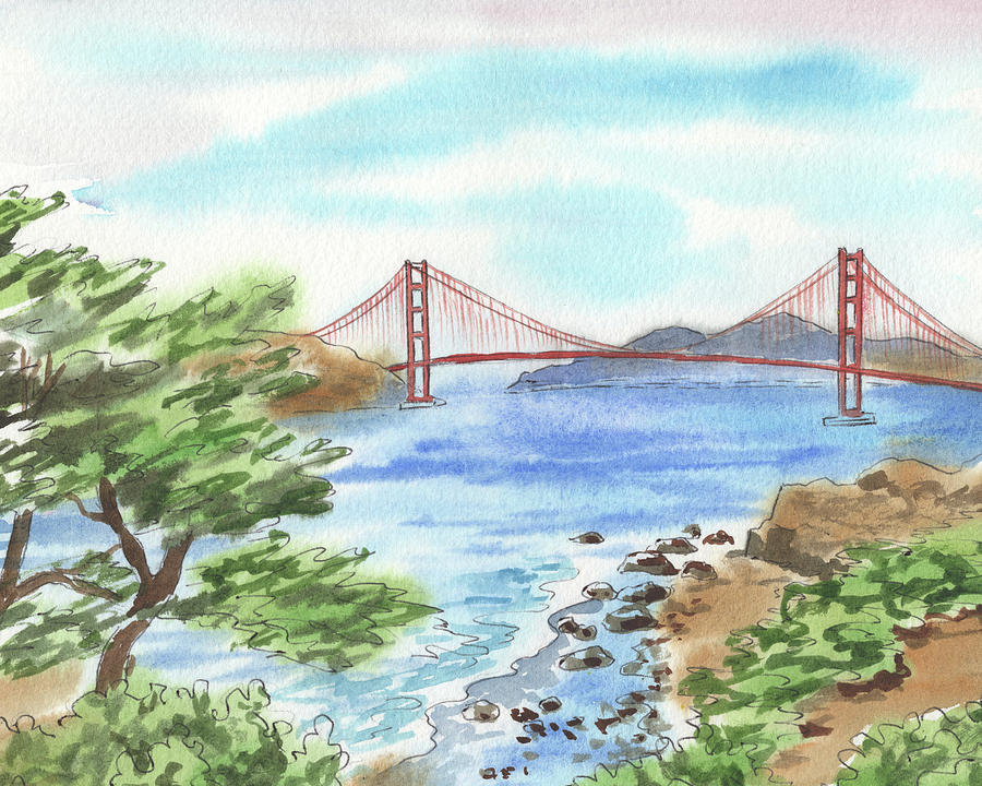 Sunny Day In San Francisco Bay Golden Gate Bridge Watercolor Painting by Irina Sztukowski