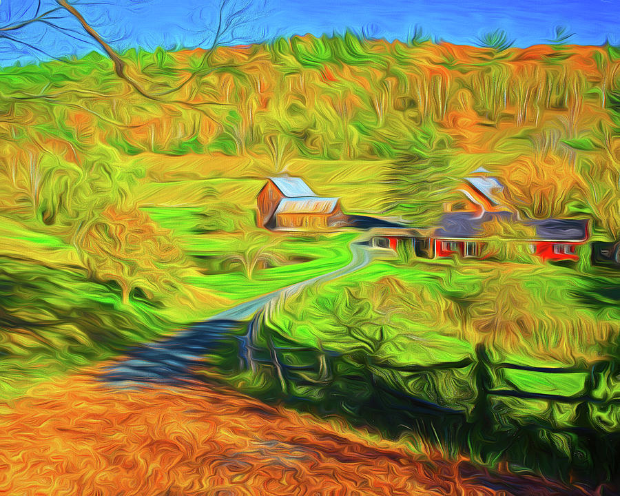 Sunny day on Sleepy Hollow Farm Woodstock Vermont Fall Foliage Digital Painting Digital Art by Toby McGuire