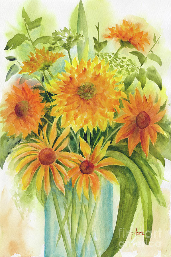 Sunny Gold Black Fox Flower Bouquet Painting by Pat Katz
