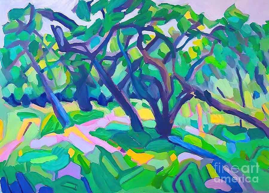 Tree Painting - Sunny Painting sunny trail trees fauvism expressionism garden grass green impressionism landscape nature art artistic artwork bed child children country cultivate day depiction drawing drawn field by N Akkash