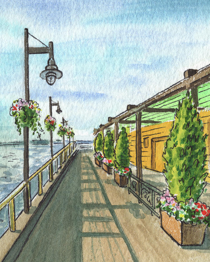 Sunny Pier At The Bay With Street Lights And Flowers Watercolor  Painting by Irina Sztukowski