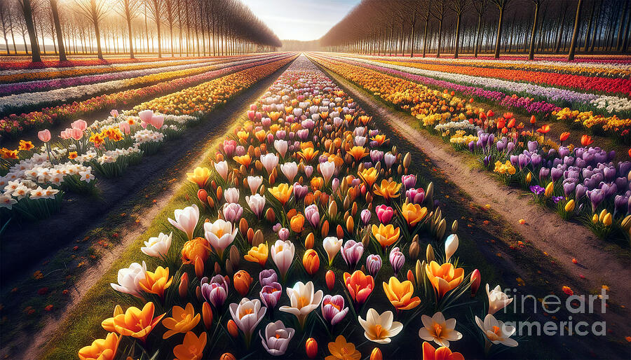 Sunny rows of colorful tulips and crocuses in a blooming field, Digital Art by Odon Czintos