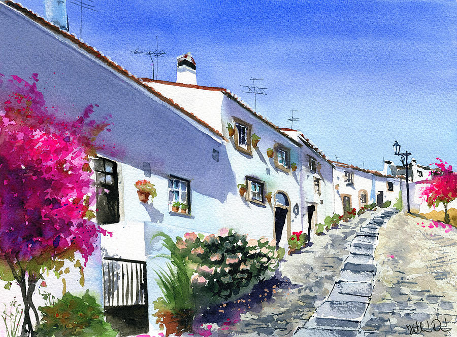 Sunny Street in a Alentejo Village in Portugal Painting by Dora Hathazi Mendes