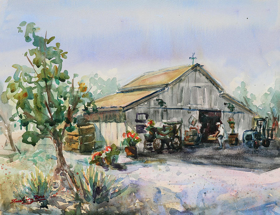 Historic Barn at Sunnyvale Heritage Park Orchard California Painting by Xueling Zou