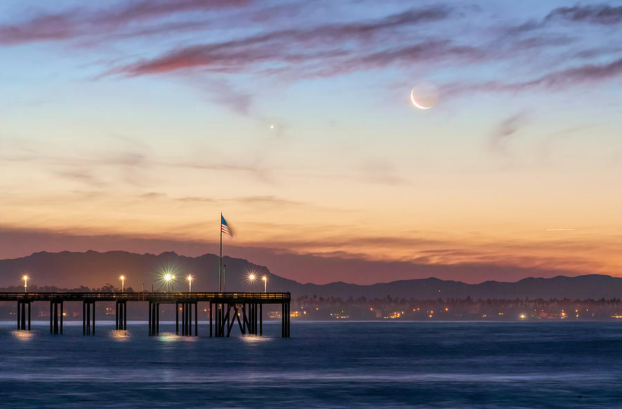 Sunrise and Moonrise Over the Pier Photograph by Lindsay Thomson