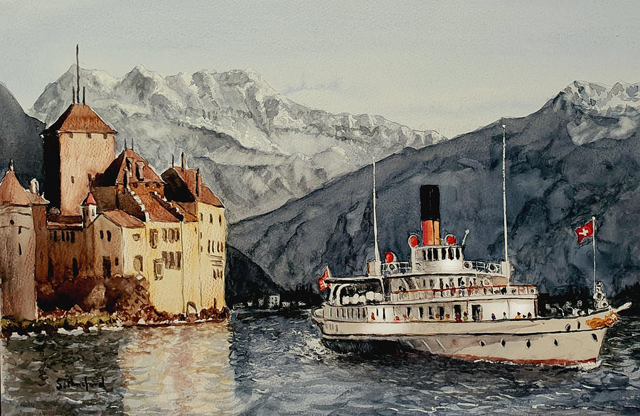 Sunrise at Chillon Castle Painting by Steven Ponsford