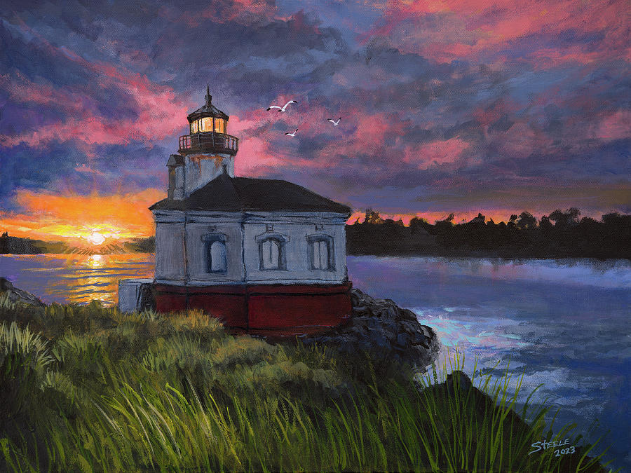 Sunrise at Coquille Light  Painting by Chris Steele