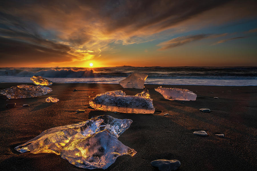 Sunrise at Diamond beach, near Jokulsarlon glacier lagoon Photograph by Anges Van der Logt