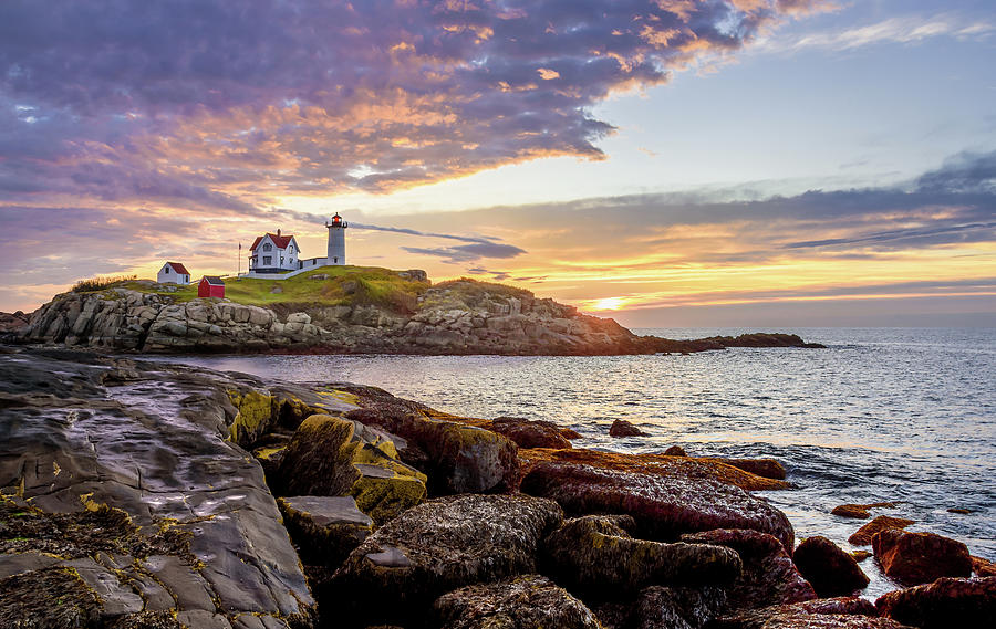 Sunrise at Nubble Lighthouse Photograph by Robert Miller