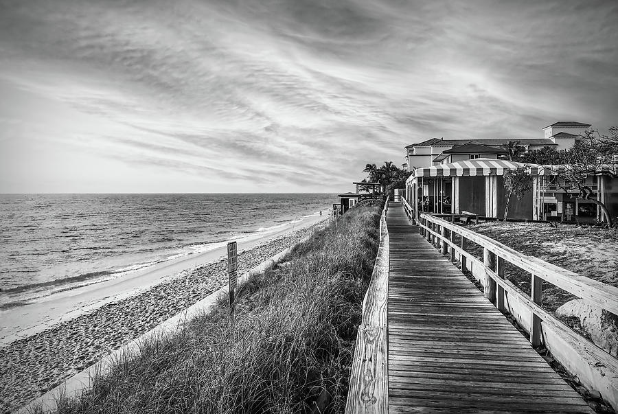 Sunrise at the Beach Boardwalk in Black and White  Photograph by Debra and Dave Vanderlaan