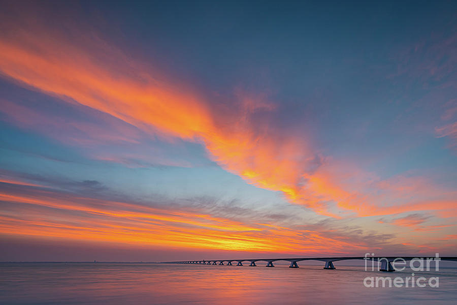 Sunrise at the Zeeland Bridge, Netherlands Photograph by Henk Meijer Photography
