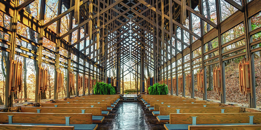 Sunrise at Thorncrown Chapel - Panoramic Architecture Photograph by Gregory Ballos