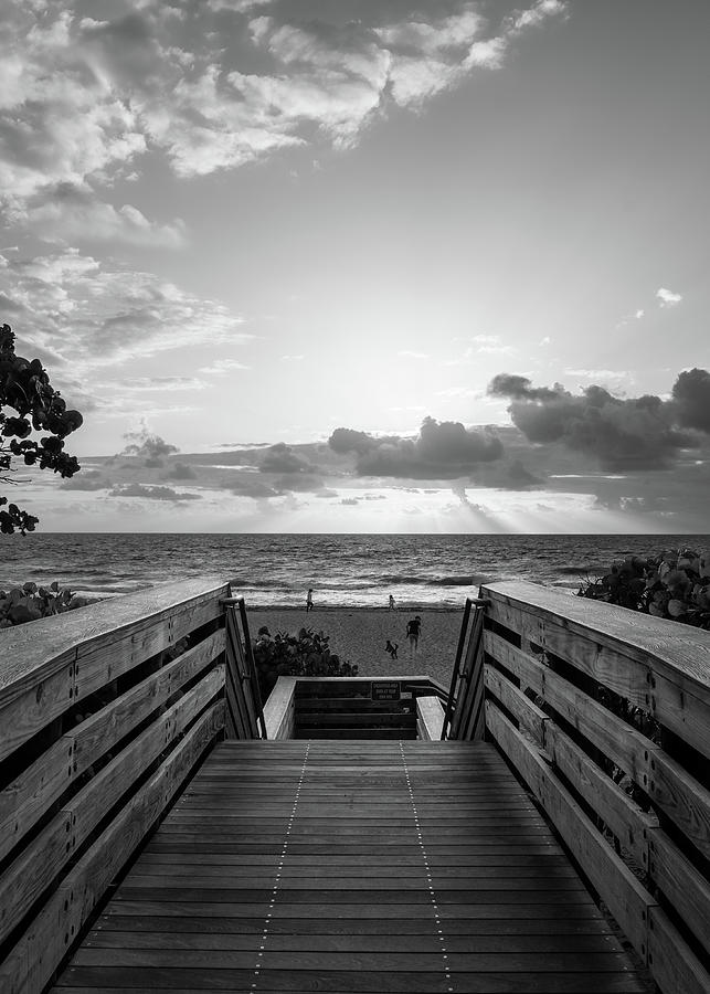 Black And White Photograph - Sunrise Beach Walk Vertical Bw by Laura Fasulo