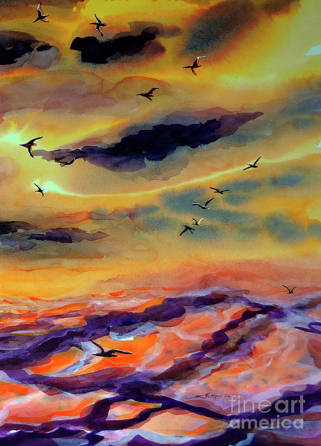 Sunrise birds over the 2 Painting by Julianne Felton