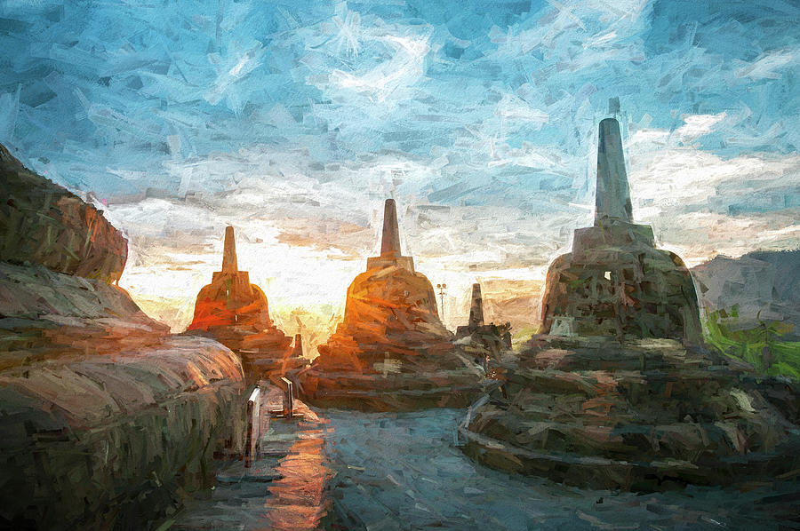 Sunrise Borobudur Temple Painterly Style Digital Art by Joseph S Giacalone