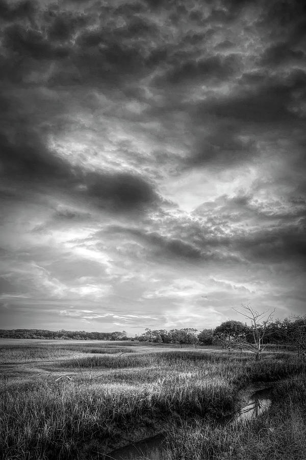 Sunrise Clouds over the Marsh Black and White Photograph by Debra and Dave Vanderlaan