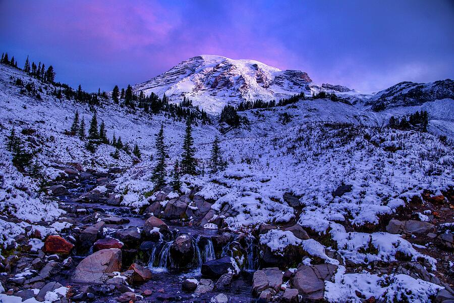 Sunrise, fall, and snow Photograph by Lynn Hopwood