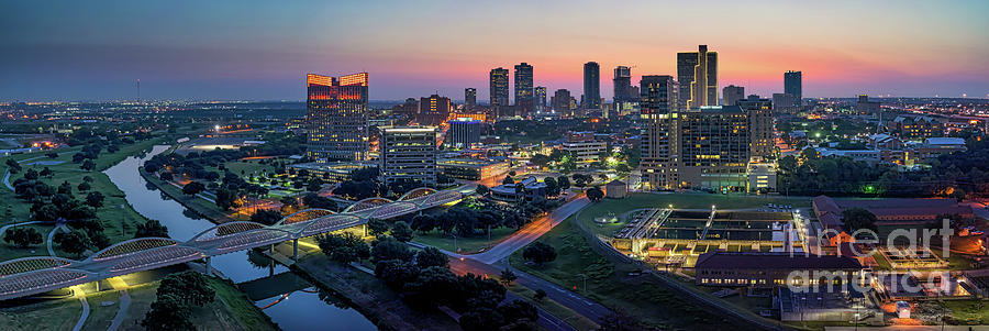 Sunrise Fort Worth Cityscape Pano Photograph by Bee Creek Photography - Tod and Cynthia