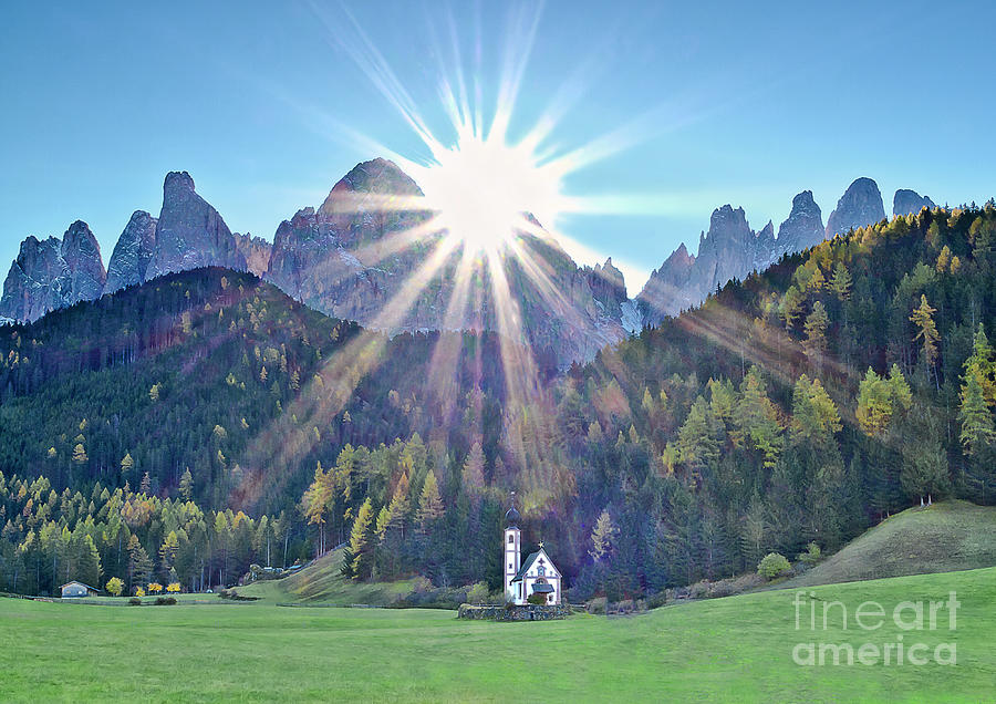 Sunrise glory NEW DAY IS RISING  DolomItes Italy, St Johann Church, Val di Funes  Photograph by Tatiana Bogracheva