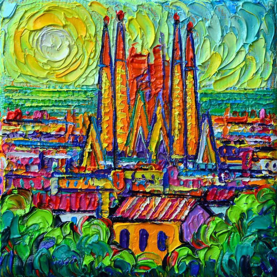 Barcelona Painting - SUNRISE IN BARCELONA mini on 3D canvas commission painting abstract cityscape Ana Maria Edulescu by Ana Maria Edulescu